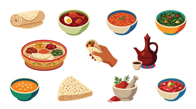 A vibrant collection of Ethiopian dishes and ingredients, showcasing injera, stews, spices, and coffee ceremony.