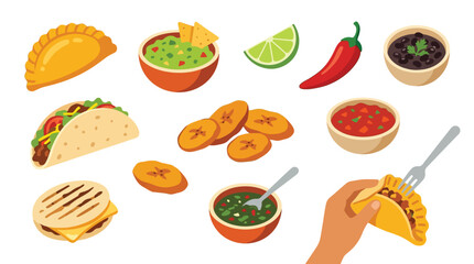 A vibrant collection of popular Latin American dishes and ingredients, including tacos, empanadas, guacamole, salsa, and plantains, presented in a colorful illustration. © tr