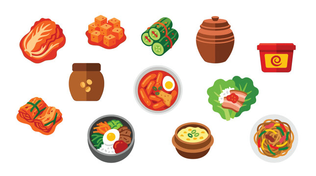 A vibrant collection of Korean food illustrations, showcasing various dishes and ingredients like kimchi, bibimbap, and tteokbokki.