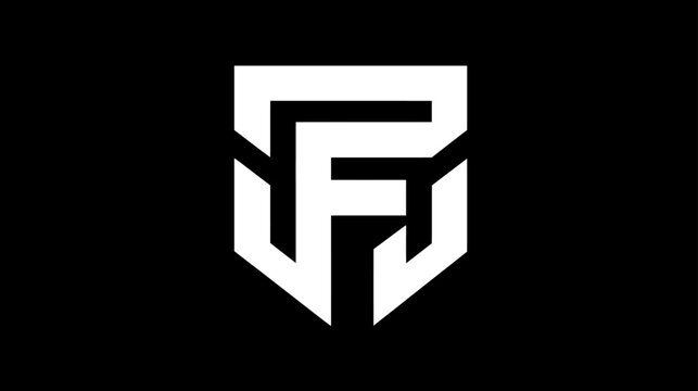 Modern abstract geometric white monogram logo featuring intertwined letters P and F within a sharp shield design on black.