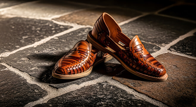 Pair of traditional handcrafted brown leather huarache sandals resting on a rustic stone floor with dramatic side lighting creating deep shadows and texture
