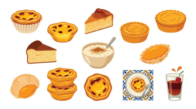 A delightful assortment of Portuguese custard tarts, cheesecakes, and other sweet pastries, presented in a vibrant illustration.