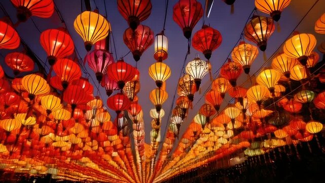 A night scene showcasing many colorful lanterns hanging from above, creating a warm glow