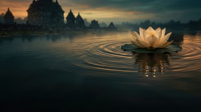 Glowing lotus flower floating on calm lake water with ancient Indonesian temple silhouette at sunset for spiritual reflection and peace