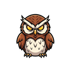 Fototapeta premium Cute cartoon owl with big yellow eyes and angry expression.