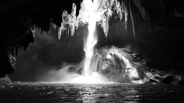 Black and white view of a waterfall cascading into a pool within a shadowy cave environment with light rays.