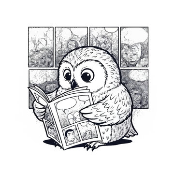 Cute cartoon owl reading a comic book with speech bubbles.