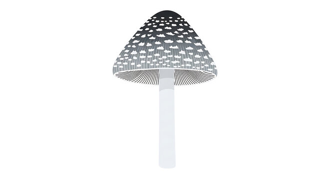 Isolated ink cap mushroom, detailed illustration with black and white speckles on cap, black striped gills, and simple stem, clean vector graphic