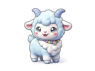 Naklejka premium Cute Cartoon Baby Goat with Pastel Fur and Floral Collar.