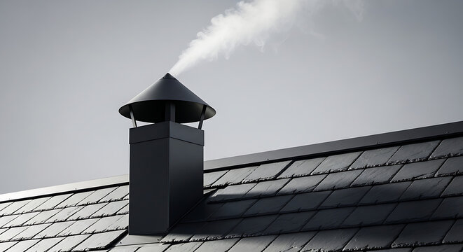 Modern black chimney on a dark shingle roof emitting a plume of white smoke against a clear grey sky, architectural detail, atmospheric outdoor element