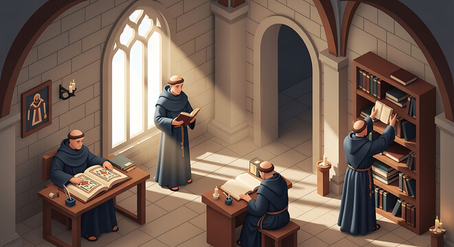 Monks in a medieval library, reading ancient texts and organizing books, bathed in sunlight from a Gothic window, historical education and scholarly pursuits