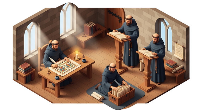 Monks in a scriptorium studying ancient texts and illuminated manuscripts, pixel art isometric view, warm sunlight streaming through arched windows, conveying knowledge and dedication