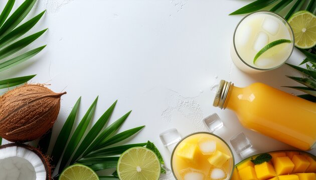 Tropical Summer Drinks and Fruits Flat Lay Banner with Coconut, Mango, Lime and Copy Space on White Background