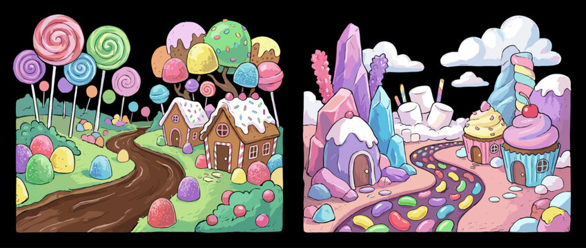 Vibrant whimsical candy land illustration with sweet treats and dessert houses