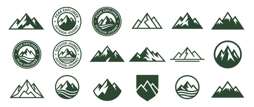 Collection of various minimalist mountain design elements and abstract logos