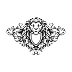 Fototapeta premium Lion Head Emblem with Ornate Scrollwork and Shield.
