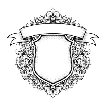 Ornate Shield Emblem with Blank Banner and Floral Accents.