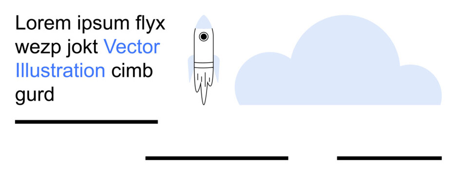 Space exploration, startups, innovation, growth, creativity, digital design. Minimalist rocket ascending next to a cloud and text placeholders. Space exploration and startups concept