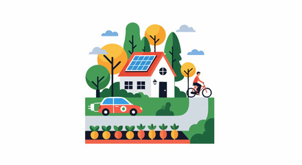 Fototapeta premium Eco friendly sustainable home with solar panels and electric vehicle.