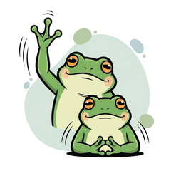 Fototapeta premium Two cartoon frogs waving and sitting.