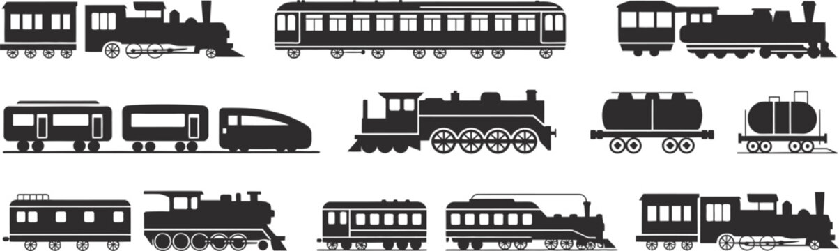 Vintage train silhouettes collection isolated on white background, classic railway locomotives and carriages set, retro transport vector illustration design
