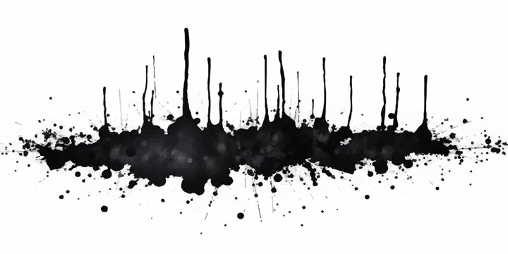 abstract black ink splatter horizontal grunge texture with dripping paint streaks scattered droplets and chaotic artistic brush effect on white background seamless edgy modern vector design.