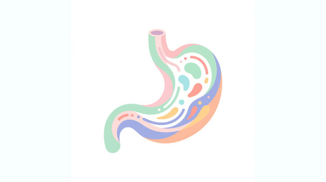 Stylized colorful human stomach illustration depicting the digestive system with abstract shapes and fluid lines.