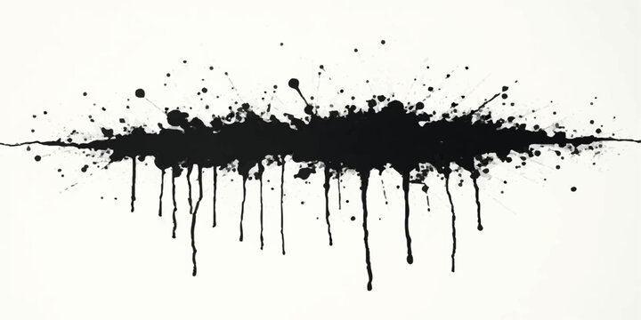 abstract black ink splatter horizontal grunge texture with dripping paint streaks scattered droplets and chaotic artistic brush effect on white background seamless edgy modern vector design.