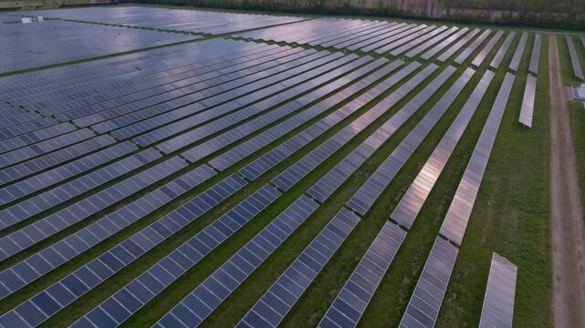 Aerial view of a large solar farm with rows of photovoltaic panels on green grass during sunset in Indianapolis, Indiana, United States.