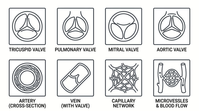 Diagrams illustrating human heart valves and different types of blood vessels including arteries, veins, capillaries, and microvessels.
