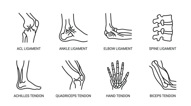 Line art illustrations depicting various human ligaments and tendons, including ACL, ankle, elbow, spine, Achilles, quadriceps, hand, and biceps.
