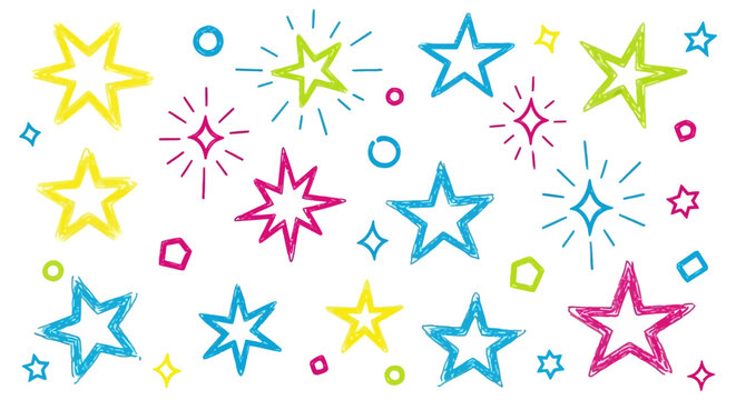 hand drawn whimsical doodle star collection with colorful sparkling shapes for festive celebration designs