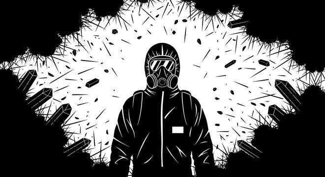 hazmat suit figure in a chaotic and dangerous environment with flying debris symbolizing crisis and environmental disaster.
