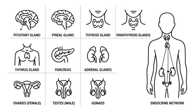 Detailed line art illustration of the human endocrine system and its major glands, including pituitary, thyroid, adrenal, pancreas, and gonads.