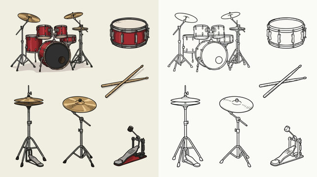 A colorful and a monochrome illustration of a drum kit, including snare drum, bass drum, tom-toms, cymbals, drumsticks, and a bass pedal.