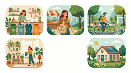Naklejka premium A vibrant illustration showcasing eco-friendly lifestyle choices through various sustainable activities.