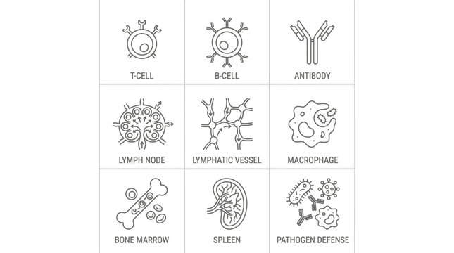 Line art icons illustrating various components and cells of the human immune system, including T-cells, B-cells, antibodies, and lymphatic structures.