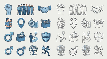 Collection of blue and grey icons representing various concepts like teamwork, family, business, and personal growth. © renender