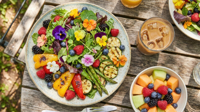 Colorful salad with edible flowers, grilled vegetables, fresh berries, and iced coffee on wooden table outdoors
