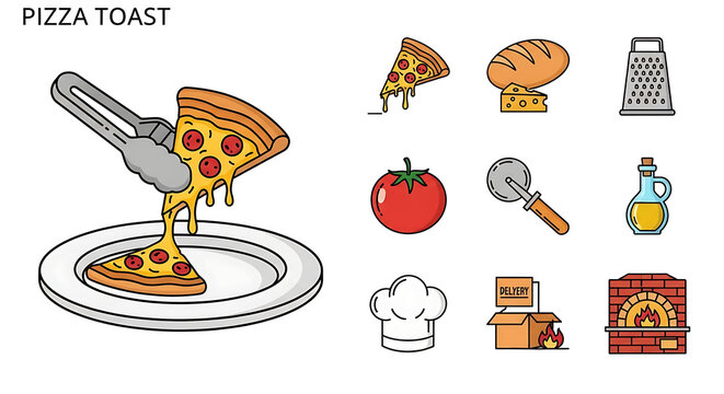 Pixel art collection of pizza ingredients and cooking elements, pizza slice with tongs, bread, cheese, grater, tomato, pizza cutter, oil, chef hat, box, and brick oven, retro gaming style