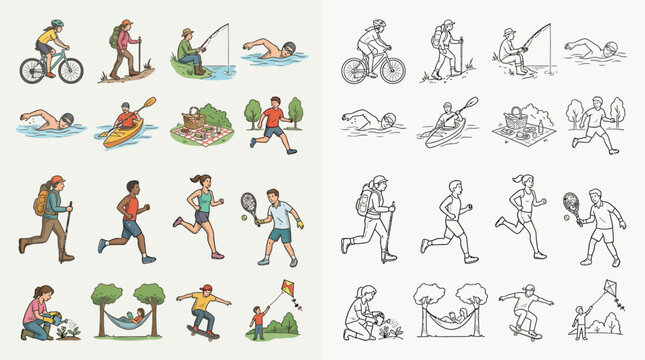 Collection of line art illustrations depicting various outdoor recreational activities and sports for men, women, and children.