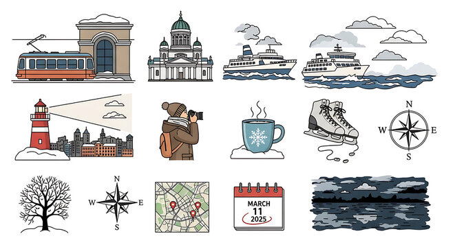 Pixel art collection of winter travel and city icons, including tram, cathedral, yacht, lighthouse, person with binoculars, hot drink, ice skates, compass, bare tree, map, and calendar