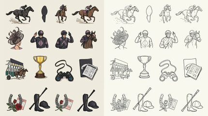 Collection of detailed illustrations and sketches related to horse racing, including jockeys, horses, trophies, and racing equipment. © renender
