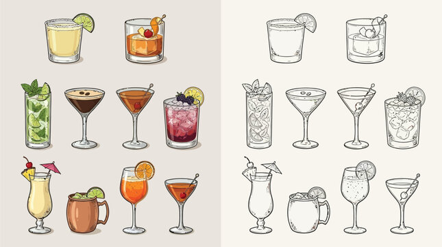 A collection of colorful and monochrome illustrations of various cocktails and mixed drinks in different glassware, garnished with fruits and mint.
