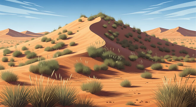 Pixel art desert landscape with sand dunes and sparse vegetation under a clear blue sky, arid environment, outdoor scene