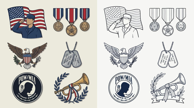 Collection of American military symbols including flags, medals, dog tags, eagles, POW emblems, and bugles, presented in both color and outline styles.