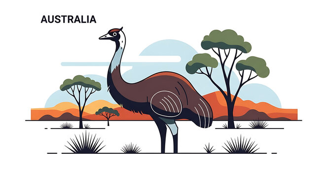 Pixel art emu standing in the Australian outback with sparse trees and arid landscape under a pale sky, representing Australian wildlife and outback scenery