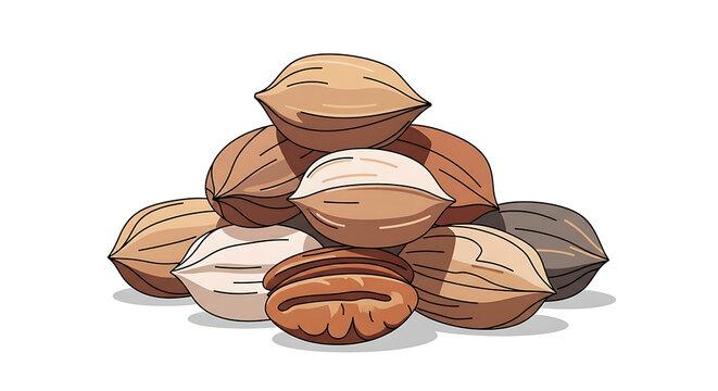 Pile of whole pecan nuts with textured shells and striped patterns, pixel art style illustration on a white background