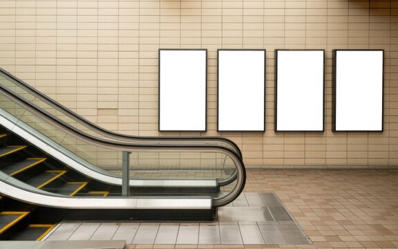 An escalator leads to empty advertisement posters in a subway station.