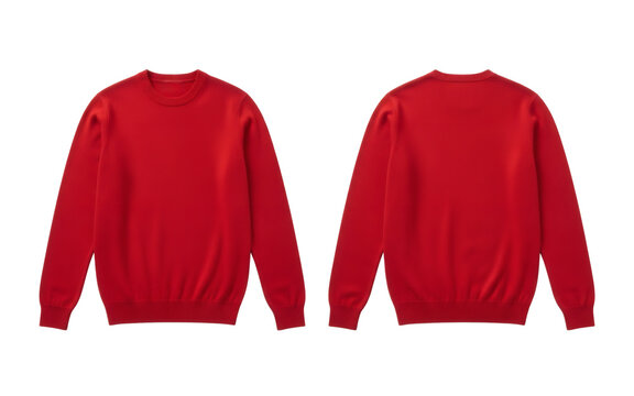 A vivid bright red crew neck sweater garment, meticulously showcasing both its front and back views, perfect for casual wear, versatile fashion, apparel design mockups, and cozy winter clothing&nbsp;